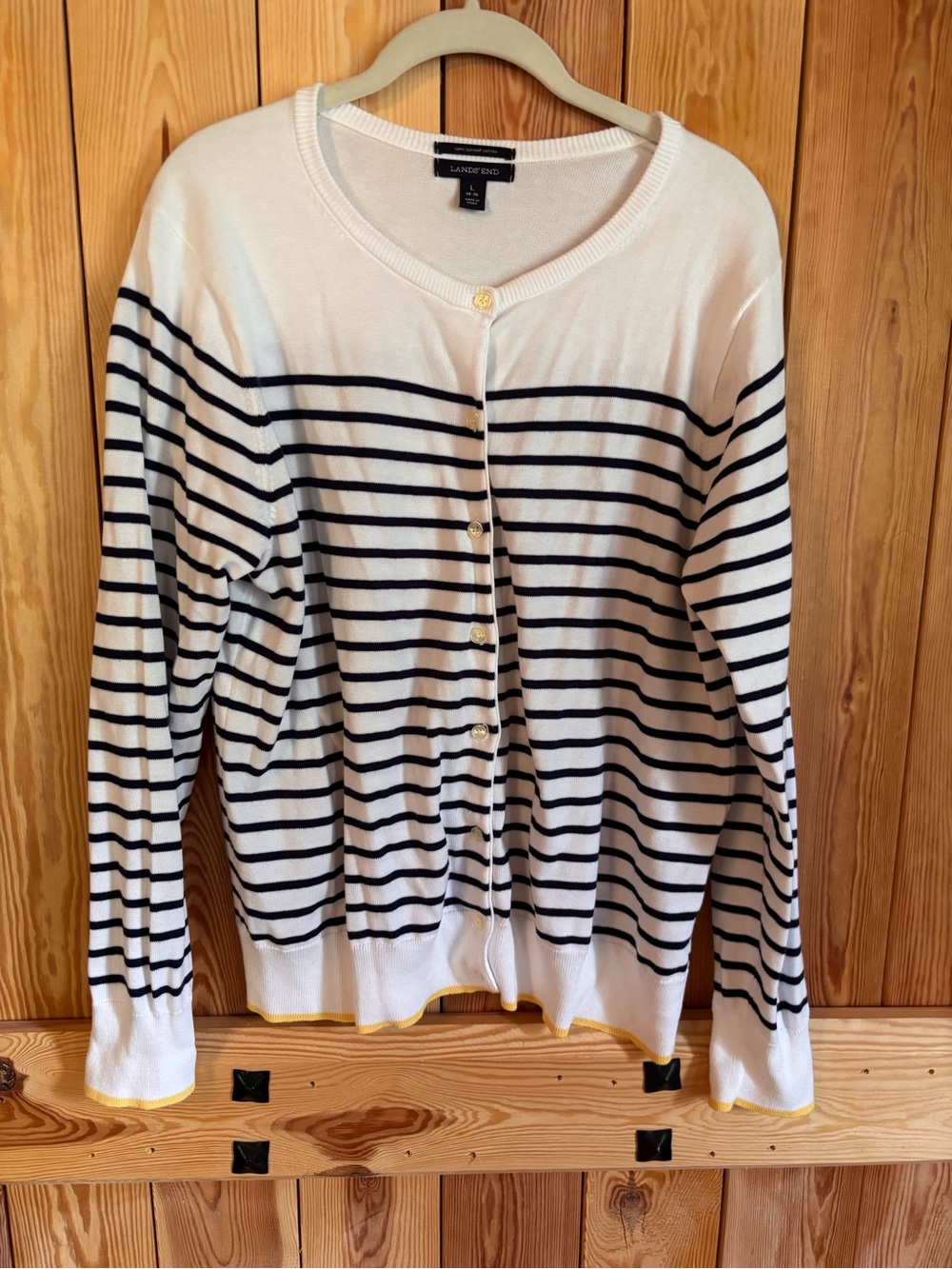 Lands' End White and Navy Striped Button‑Front Cardigan with Yellow Trim